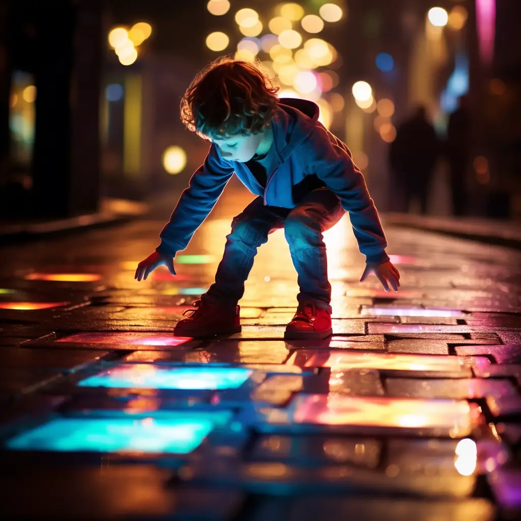 A child reaching out to touch projected colours and shapes on a simulated cobblestone floor. 