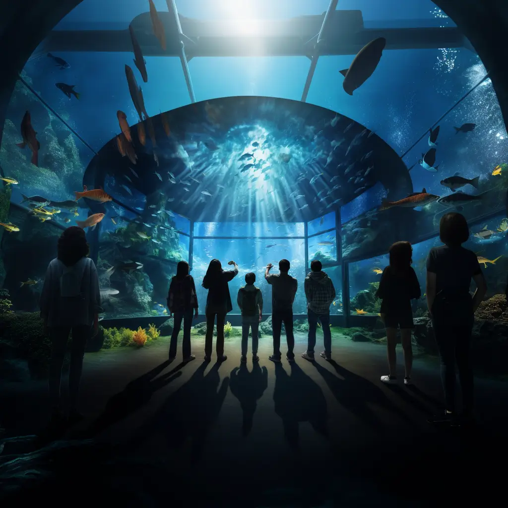 A group of youths experiencing an immersive aquarium exhibit