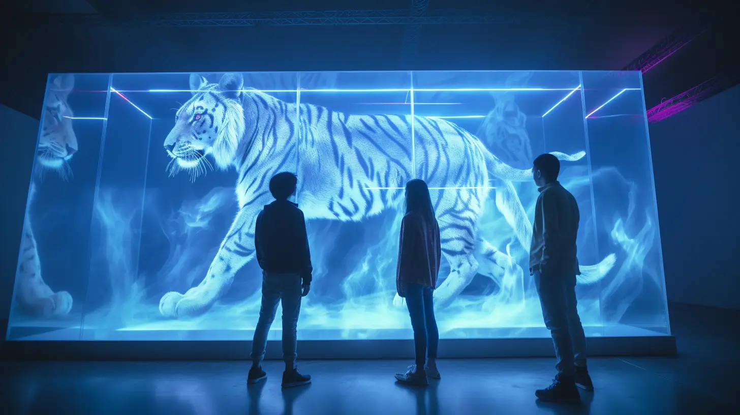 Three youths standing and looking at a large glass screen with a projection of large cats.