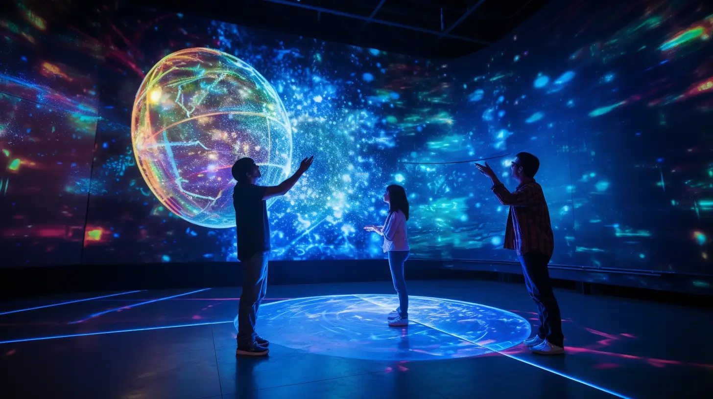 Three people standing in a projection mapped room. 